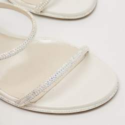 مملوكة مسبقًا René Caovilla White Leather and Satin Crystal Embellished Cleo Ankle Strap Sandals Size 41