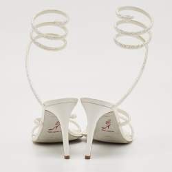 مملوكة مسبقًا René Caovilla White Leather and Satin Crystal Embellished Cleo Ankle Strap Sandals Size 41