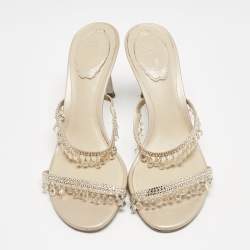 Pre Owned René Caovilla Beige Suede Crystal Embellished Chandelier Slide Sandals Size 38