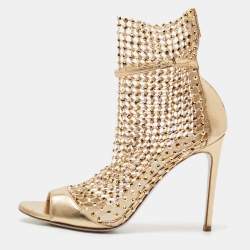Rene Caovilla Gold Leather and Lace Crystal Embellished Galaxia Sandals Size 38.5
