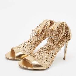 Rene Caovilla Gold Leather and Lace Crystal Embellished Galaxia Sandals Size 38.5
