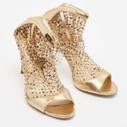Rene Caovilla Gold Leather and Lace Crystal Embellished Galaxia Sandals Size 38.5