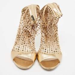 Rene Caovilla Gold Leather and Lace Crystal Embellished Galaxia Sandals Size 38.5