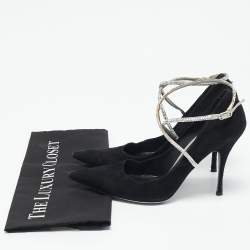 René Caovilla Black Suede Crystal Embellished Ankle Wrap Pumps Size 38.5