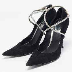 René Caovilla Black Suede Crystal Embellished Ankle Wrap Pumps Size 38.5