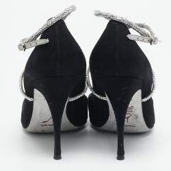 René Caovilla Black Suede Crystal Embellished Ankle Wrap Pumps Size 38.5