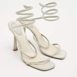 Pre Owned Rene Caovilla White Leather and Satin Crystal Embellished Ankle Wrap Sandals Size 41