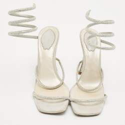 Pre Owned Rene Caovilla White Leather and Satin Crystal Embellished Ankle Wrap Sandals Size 41