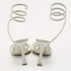 Pre Owned Rene Caovilla White Leather and Satin Crystal Embellished Ankle Wrap Sandals Size 41