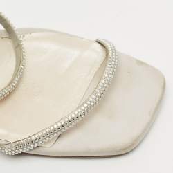 Pre Owned Rene Caovilla White Leather and Satin Crystal Embellished Ankle Wrap Sandals Size 41