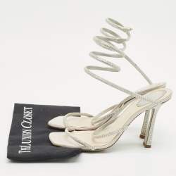 Pre Owned Rene Caovilla White Leather and Satin Crystal Embellished Ankle Wrap Sandals Size 41