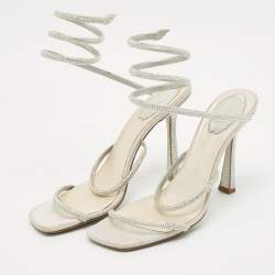 Pre Owned Rene Caovilla White Leather and Satin Crystal Embellished Ankle Wrap Sandals Size 41