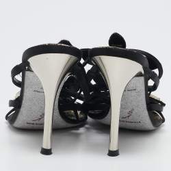 Pre Owned René Caovilla Black Satin Crystals Embellished T-Strap Sandals Size 37