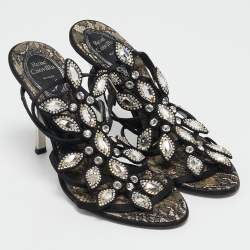 Pre Owned René Caovilla Black Satin Crystals Embellished T-Strap Sandals Size 37