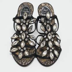 Pre Owned René Caovilla Black Satin Crystals Embellished T-Strap Sandals Size 37