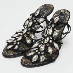 Pre Owned René Caovilla Black Satin Crystals Embellished T-Strap Sandals Size 37