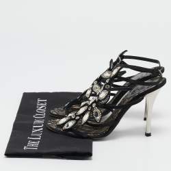 Pre Owned René Caovilla Black Satin Crystals Embellished T-Strap Sandals Size 37