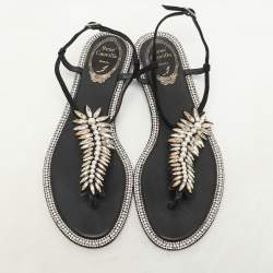 René Caovilla Black Suede Crystal Embellished Thong Sandals Size 37