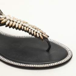 René Caovilla Black Suede Crystal Embellished Thong Sandals Size 37