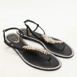 René Caovilla Black Suede Crystal Embellished Thong Sandals Size 37