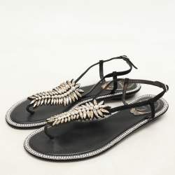 René Caovilla Black Suede Crystal Embellished Thong Sandals Size 37