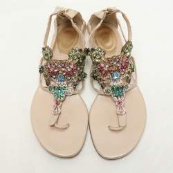 Rene Caovilla Beige/Multicolor Lace and Crystal Embellished Flat Sandals Size 37