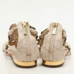 Rene Caovilla Beige/Multicolor Lace and Crystal Embellished Flat Sandals Size 37