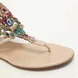 Rene Caovilla Beige/Multicolor Lace and Crystal Embellished Flat Sandals Size 37