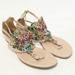 Rene Caovilla Beige/Multicolor Lace and Crystal Embellished Flat Sandals Size 37