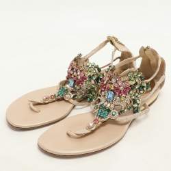 Rene Caovilla Beige/Multicolor Lace and Crystal Embellished Flat Sandals Size 37