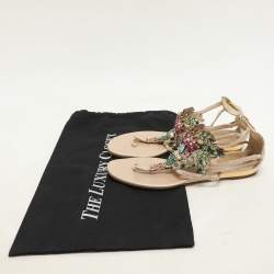 Rene Caovilla Beige/Multicolor Lace and Crystal Embellished Flat Sandals Size 37
