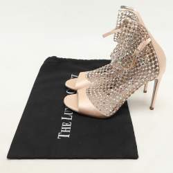 Rene Caovilla Beige Satin and Crystal Embellished Mesh Galaxia Sandals Size 37