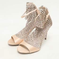 Rene Caovilla Beige Satin and Crystal Embellished Mesh Galaxia Sandals Size 37