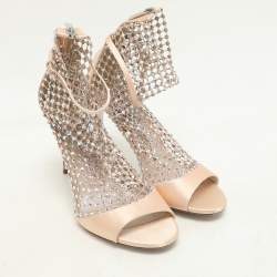 Rene Caovilla Beige Satin and Crystal Embellished Mesh Galaxia Sandals Size 37