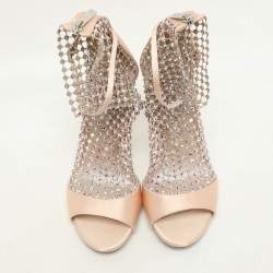 Rene Caovilla Beige Satin and Crystal Embellished Mesh Galaxia Sandals Size 37