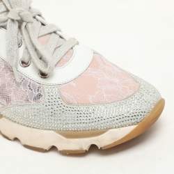 René Caovilla Pink/White Lace and Leather Crystal Embellished Low Top Sneakers Size 37