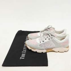 René Caovilla Pink/White Lace and Leather Crystal Embellished Low Top Sneakers Size 37