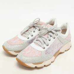 René Caovilla Pink/White Lace and Leather Crystal Embellished Low Top Sneakers Size 37