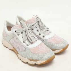 René Caovilla Pink/White Lace and Leather Crystal Embellished Low Top Sneakers Size 37