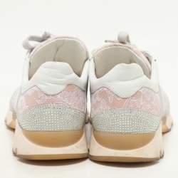 René Caovilla Pink/White Lace and Leather Crystal Embellished Low Top Sneakers Size 37