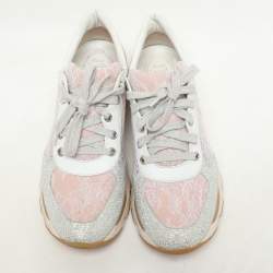 René Caovilla Pink/White Lace and Leather Crystal Embellished Low Top Sneakers Size 37