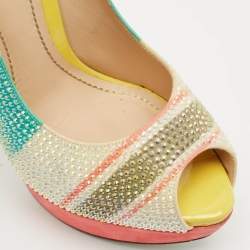 René Caovilla Multicolor Suede Crystal Embellished Platform Peep Toe Pumps Size 37