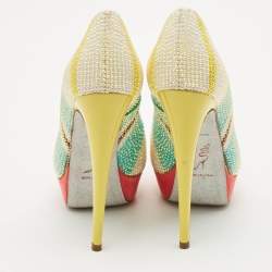René Caovilla Multicolor Suede Crystal Embellished Platform Peep Toe Pumps Size 37