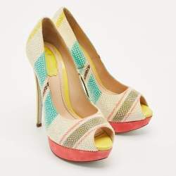 René Caovilla Multicolor Suede Crystal Embellished Platform Peep Toe Pumps Size 37
