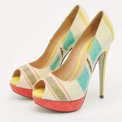 René Caovilla Multicolor Suede Crystal Embellished Platform Peep Toe Pumps Size 37