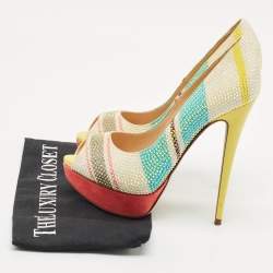 René Caovilla Multicolor Suede Crystal Embellished Platform Peep Toe Pumps Size 37