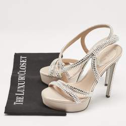 Pre Owned René Caovilla Beige Satin Lisa Crystals Platform Sandals Size 37