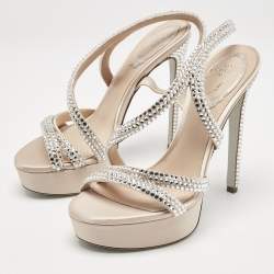 Pre Owned René Caovilla Beige Satin Lisa Crystals Platform Sandals Size 37