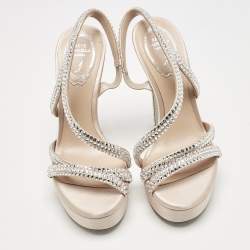 Pre Owned René Caovilla Beige Satin Lisa Crystals Platform Sandals Size 37