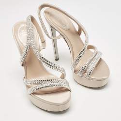 Pre Owned René Caovilla Beige Satin Lisa Crystals Platform Sandals Size 37
